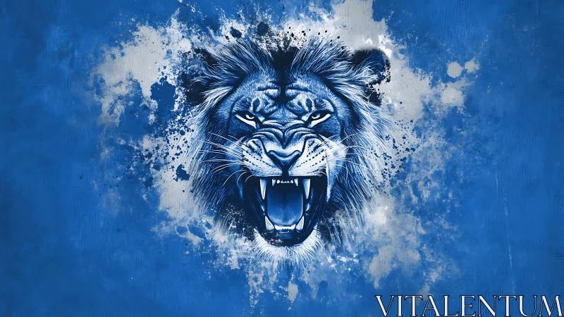 Roaring lion head in blue splatter digital artwork.