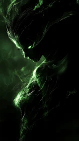 Spectral green entity emerges from shadowed darkness.