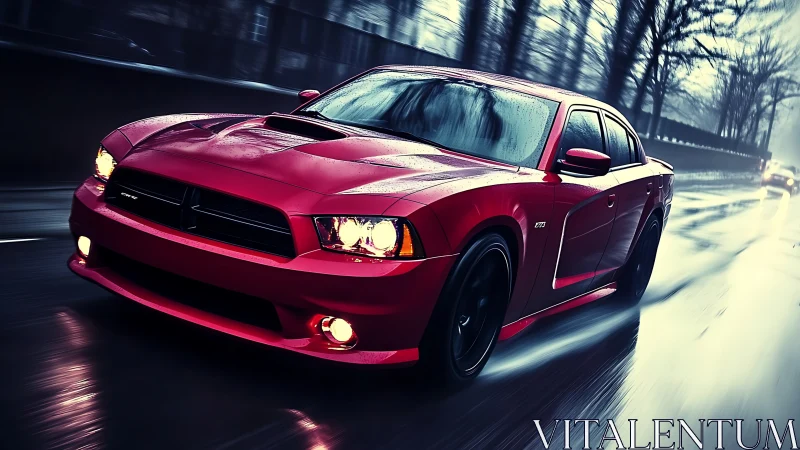 Red sports sedan driving on wet city road at dusk.