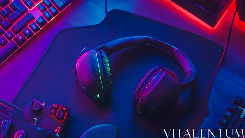 Gaming headset on RGB-lit desktop with keyboard and pad.