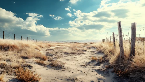 Sandy rural path between wire fences under clouded sky.