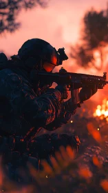 Sunset-soaked soldier kneels in calm, focused readiness