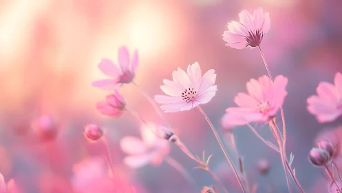 Soft-focus pink cosmos flowers in dreamy backlit bokeh field