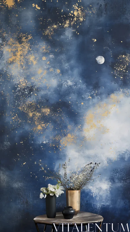 Atmospheric celestial wall art with styled floral vignette.