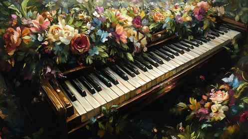 Floral piano keys glow under dense impressionist bouquet