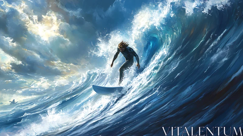 Surfer rides a towering ocean wave under glowing storm skies