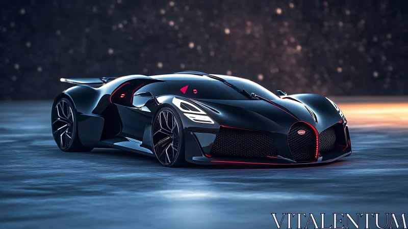 Night-gleaming hypercar prowls the neon-lit frozen runway.