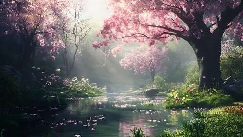 Cherry blossom grove glows over a tranquil spring creek.