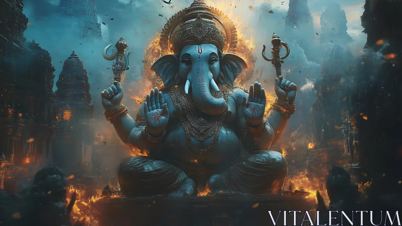Fiery temple Ganesha throned in swirling dusk-lit embers.