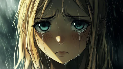 Close-up anime portrait of crying girl in heavy rain.