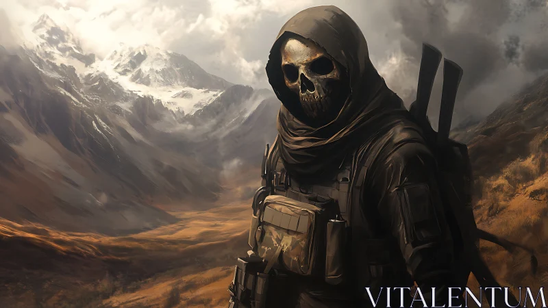 Tactical skull-masked operative in stormy alpine valley terrain