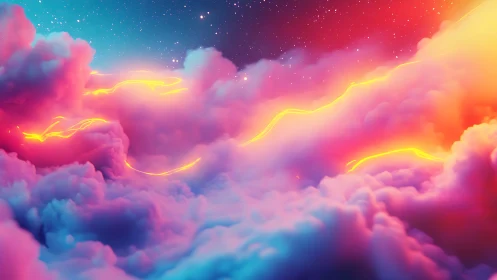 Neon plasma streams threading volumetric cosmic cloudscape.