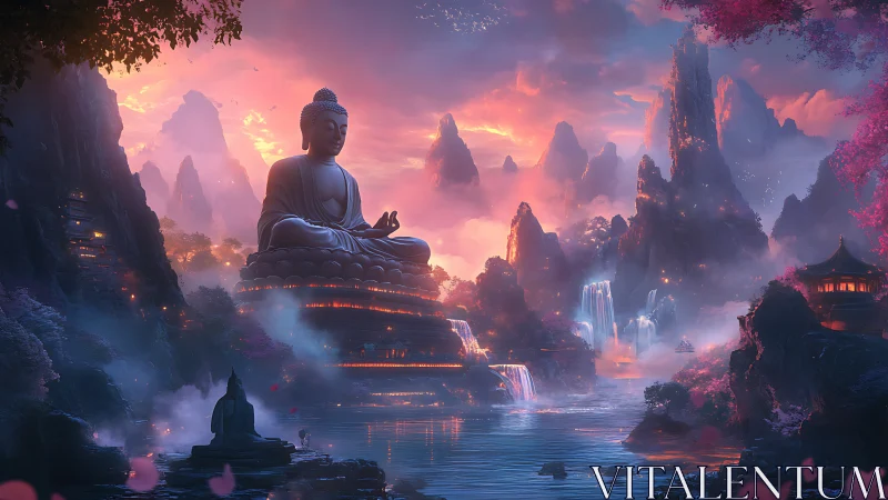Majestic Buddha monument amid neon-lit mystical waterfalls.