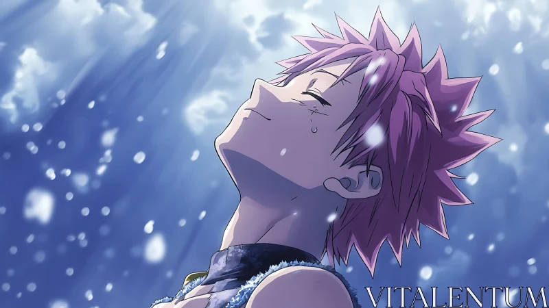 Pink haired anime boy tilts head skyward under drifting light