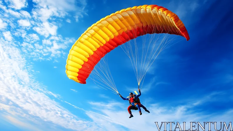 Colorful tandem paraglider glides joyfully across open sky