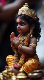 Highly detailed child deity idol with ornate crown and garlands