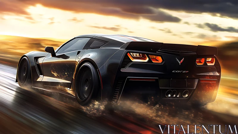 Sleek black supercar powers through a blazing sunset road.