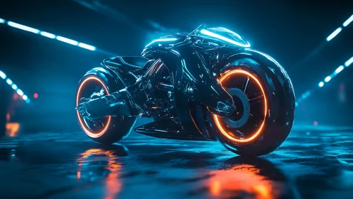Neon stormbike idles low, humming in electric midnight rain