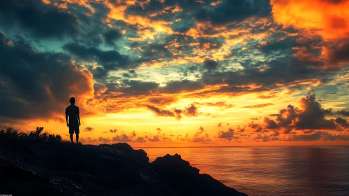 Silhouetted observer on coastal cliff under vivid sunset sky.
