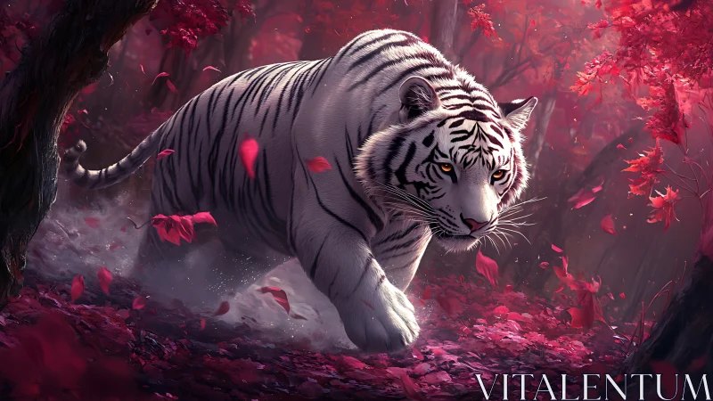 White tiger moves through red forest with suspended foliage
