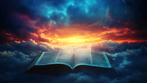 Open holy book glows over clouds beneath a radiant sky
