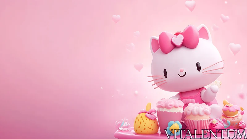 3D-rendered Hello Kitty character with confectionery elements and floating heart motifs