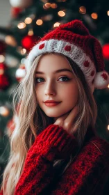 Festive portrait of young woman in red Christmas attire.