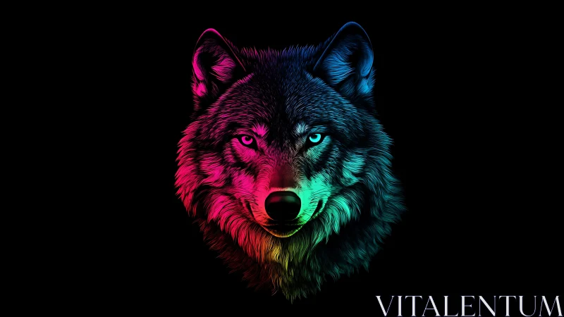 Radiant wolf portrait glows in neon colors against darkness