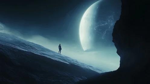 Lone explorer gazes toward a colossal moon in icy silence