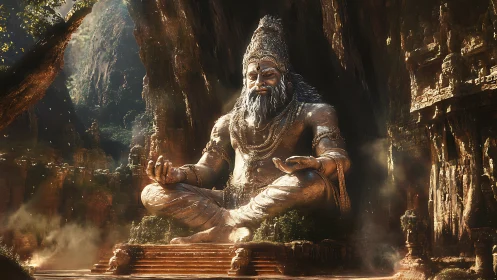Colossal stone yogi statue meditates in a sunlit canyon.