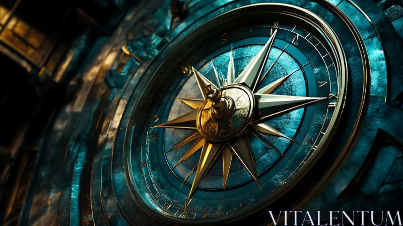 Gilded compass rose glows within a teal mechanical dial