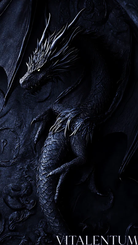 Dark scaled dragon curled against carved stone wall.