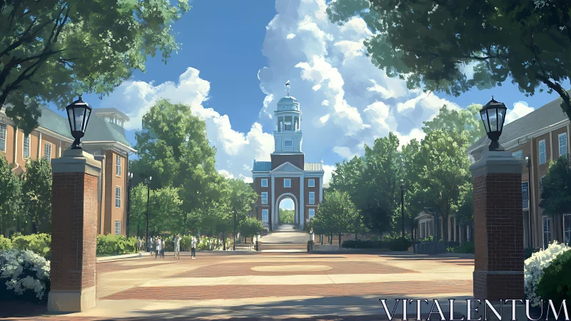 Sunlit university quad frames a serene academic tower