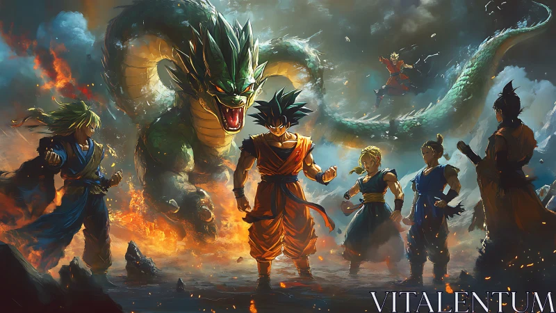 Fiery anime warriors confront an ancient emerald dragon in battle