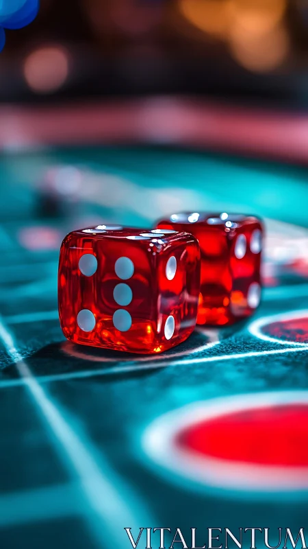 Translucent red dice on casino table surface in focus.