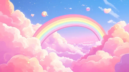 Pastel rainbow arch over dreamy pink cotton clouds.