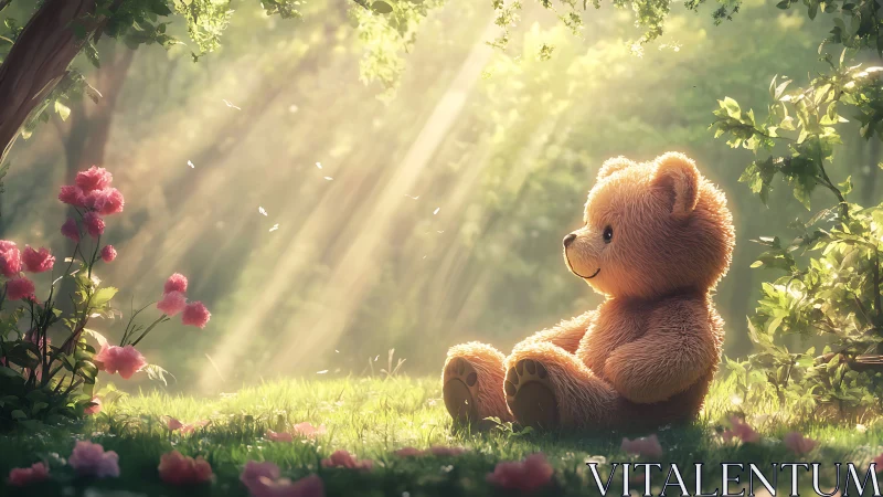 Soft light digital painting of teddy bear in floral glade.