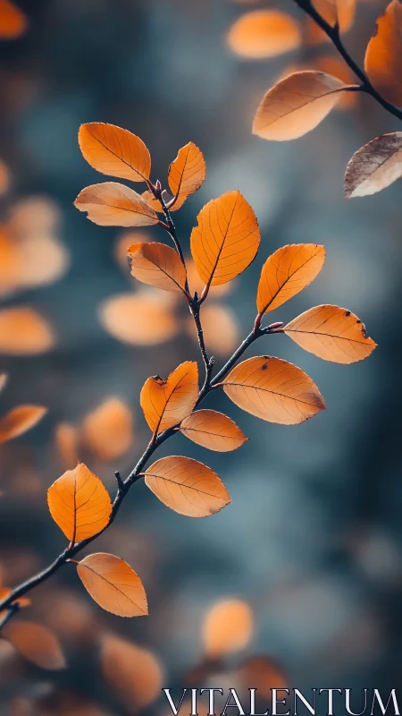 Autumn branch with orange leaves on cool blurred background.