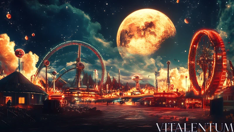 Lunar carnival blazes beneath a colossal molten moon.