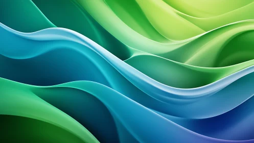 Fluid green and blue wave ribbons in digital abstract wallpaper.