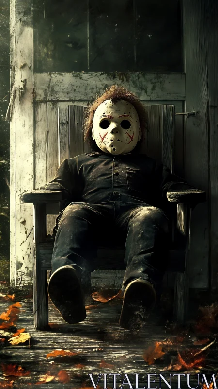 Masked figure seated on weathered porch in autumn setting.