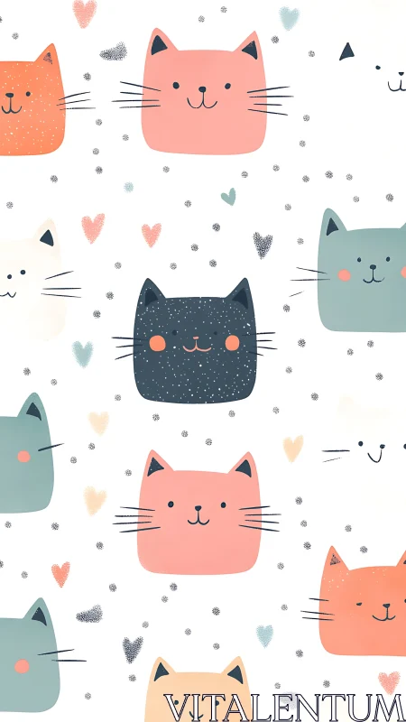 Whimsical Cat Faces Arranged in Scattered Pattern