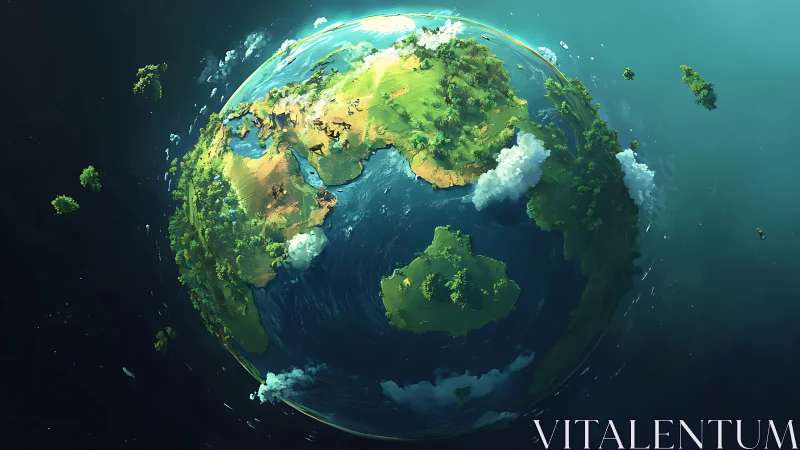 Stylized green planet with oceans, islands, and clouds.