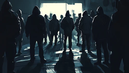 Backlit urban silhouettes in high-contrast corridor composition.