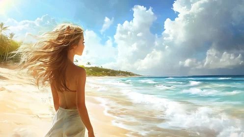 Digital painting of sunlit shoreline figure in ocean breeze.