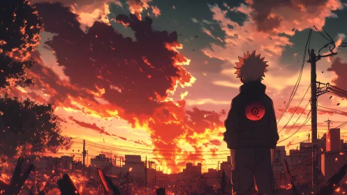 Solitary anime figure observes blazing sunset cityscape.