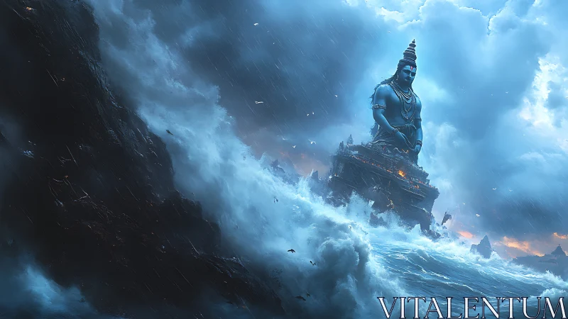 Colossal blue deity statue rises over storm-lashed ocean