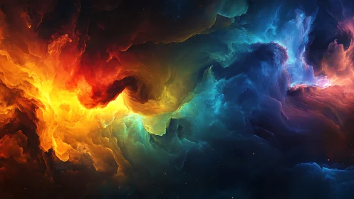 Glowing cosmic clouds swirling in vibrant fiery and cool hues.