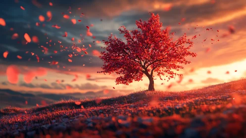 Wind-sculpted crimson tree under volumetric sunset skyfield.