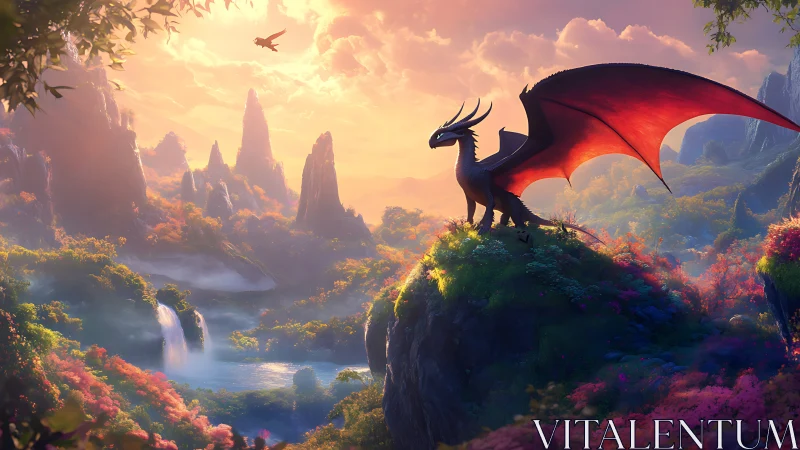 Crimson-winged dragon surveys iridescent valley at sunrise